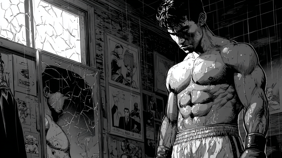 illustration of a boxer in a dim light gym looking in the mirror